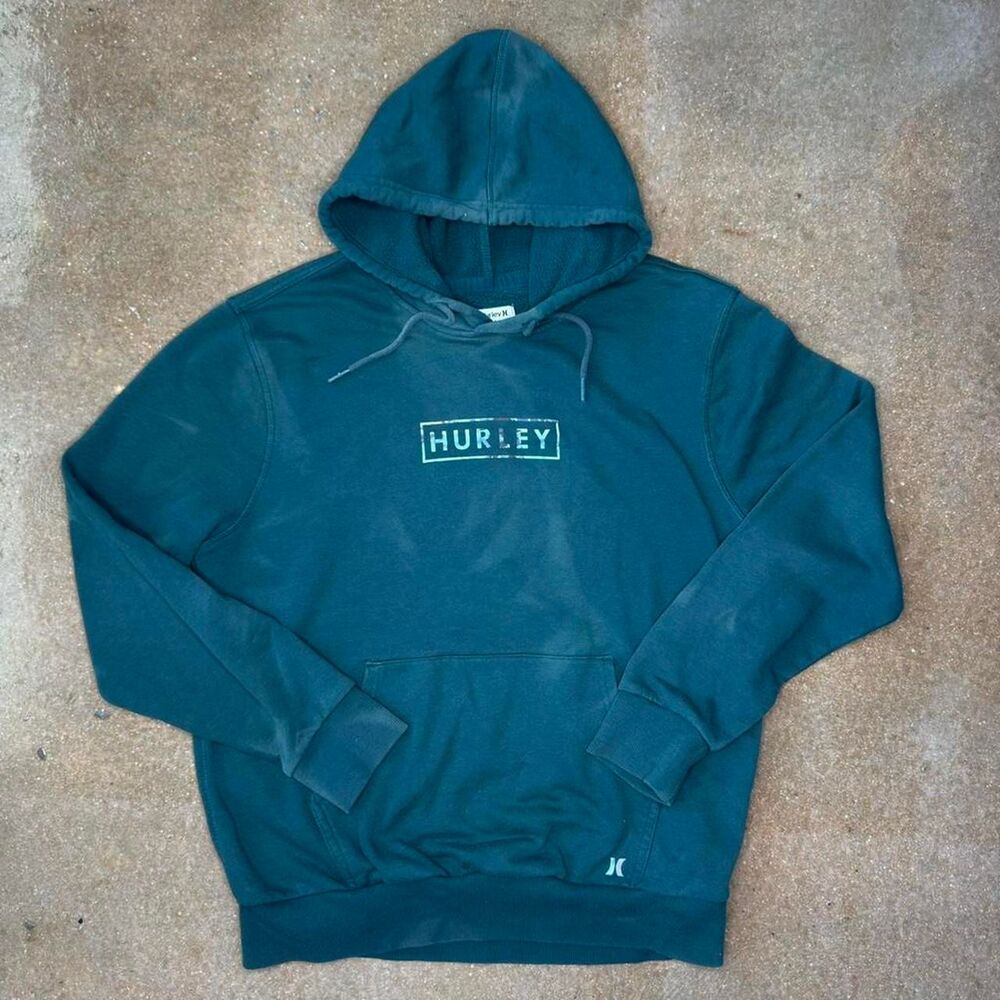 Hurley Hoodie Mens Large Green Pullover Faded Front Logo Casual Sweatshirt